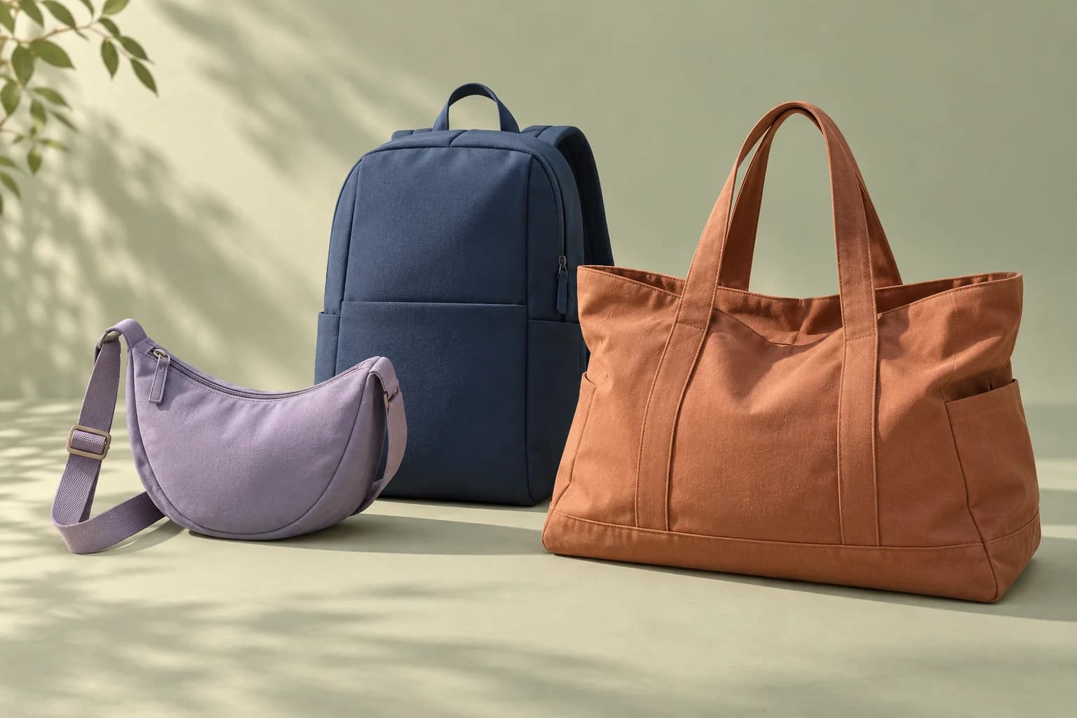 Three fictional bags: a lavender sling, a blue work backpack, and a terracotta weekend tote